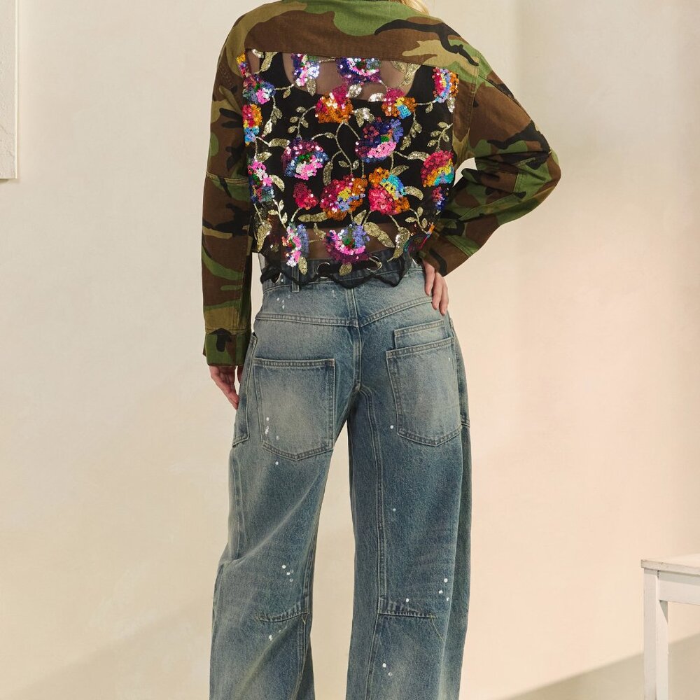 new VEVERET CAMOUFLAGE denim jacket sequins accent floral back SM-3X embellished - Picture 5 of 7